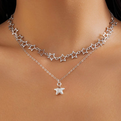 silver starlight necklace, on neck, front view