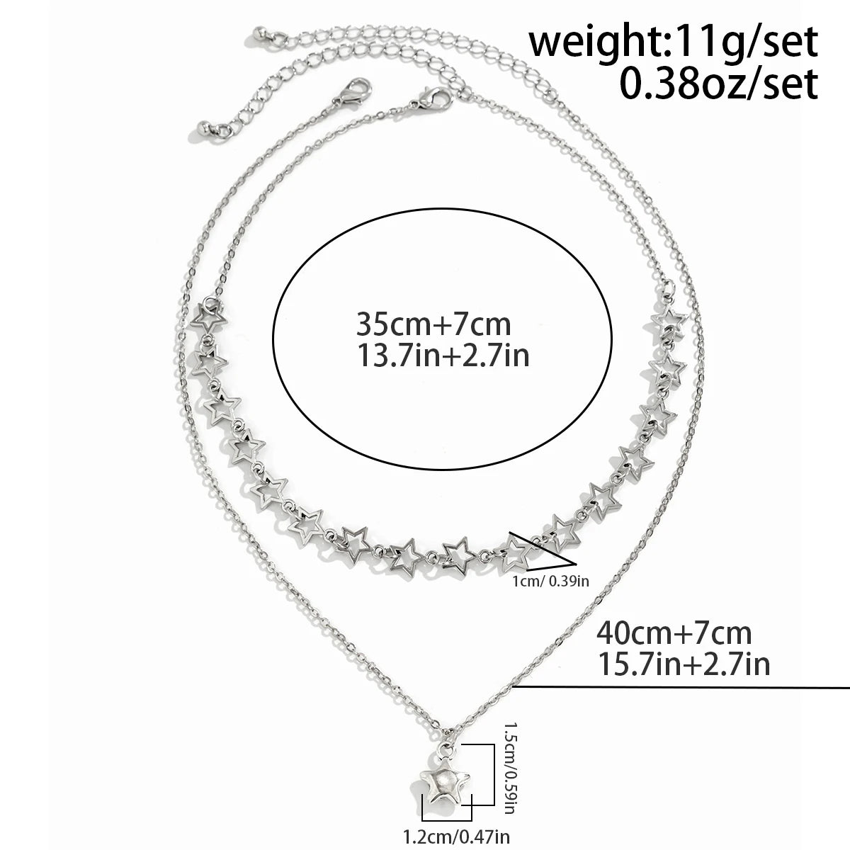 silver starlight necklace, product image, front view, size chart