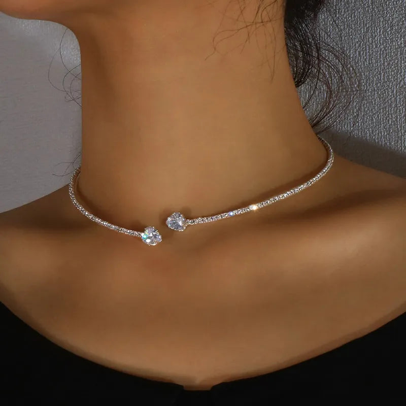 silver rhinestone glamour heart choker, on neck , front view